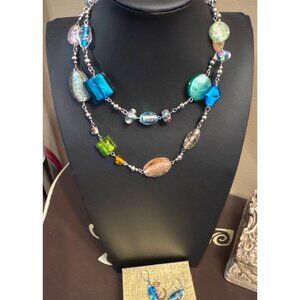 Premier Jewelry Venetian Beaded Art Glass Necklace & Earrings in Box Boho EUC